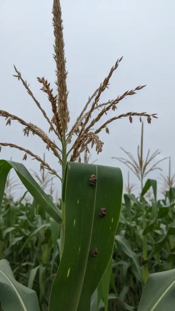 Corn tassel and leaf with small hardened dry galls