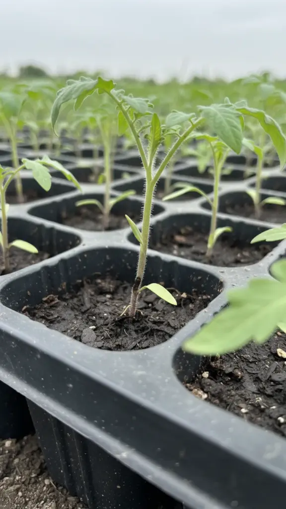 Tomato seedling with a water-soaked lesion pinching the stem