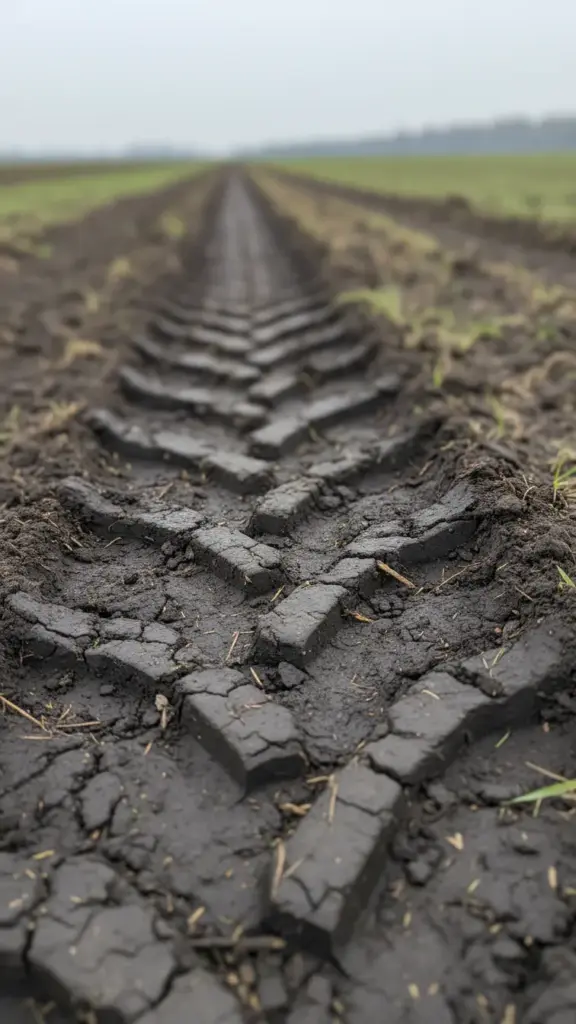 Tractor tire tracks with soil clumps in a field