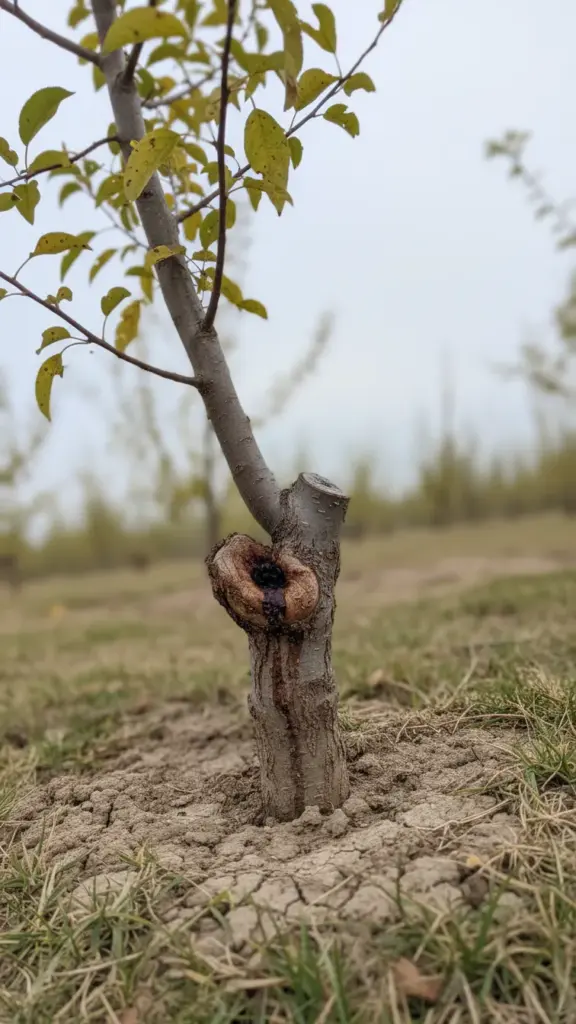 Fruit tree trunk with a canker near the graft union
