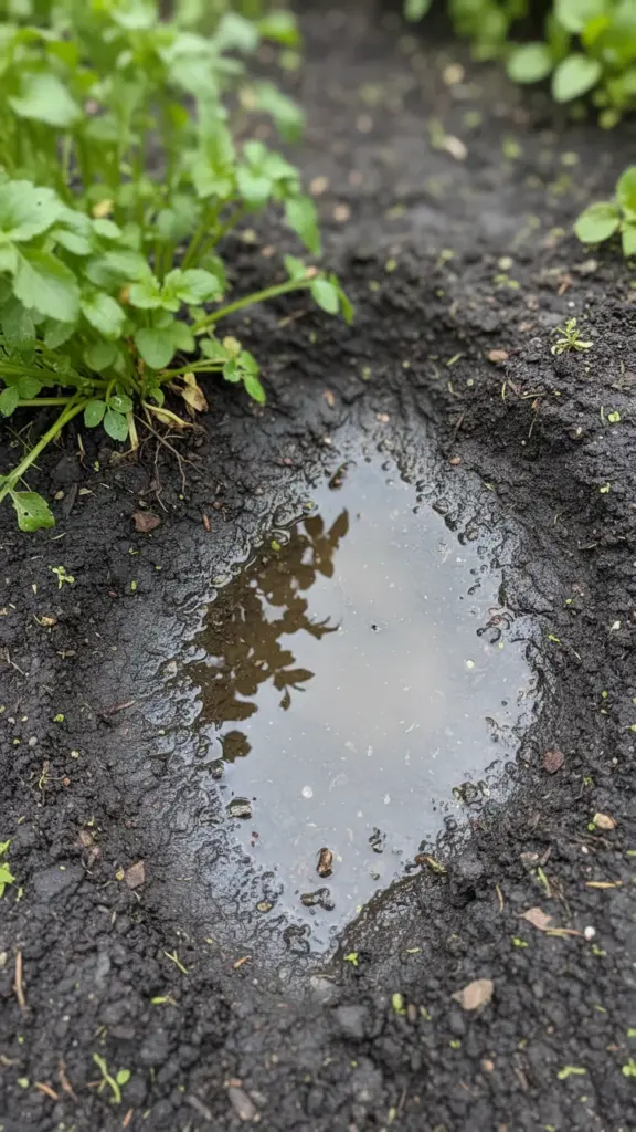 Waterlogged, muddy soil pooling around the base of a plant