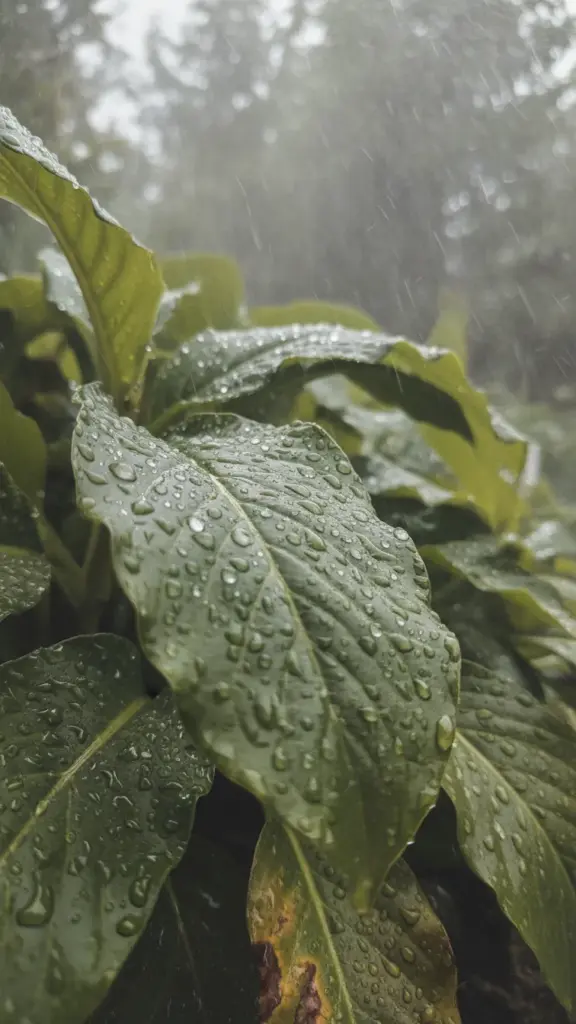 Garden foliage wet with sprinkler droplets and early leaf spotting