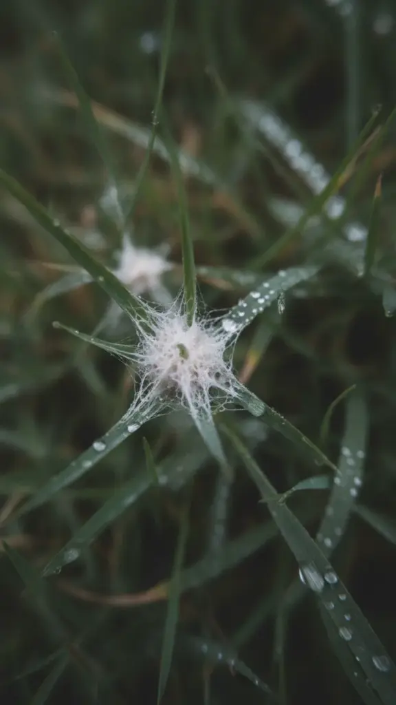White cottony mycelium on wet grass blades