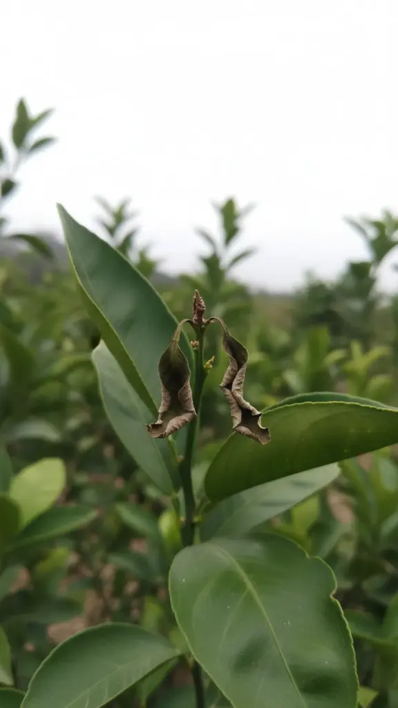 Citrus shoot with a wilted, dying tip while lower leaves stay green