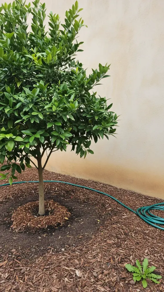 Young blood orange tree planted beside a sun facing garden wall with mulch pulled back