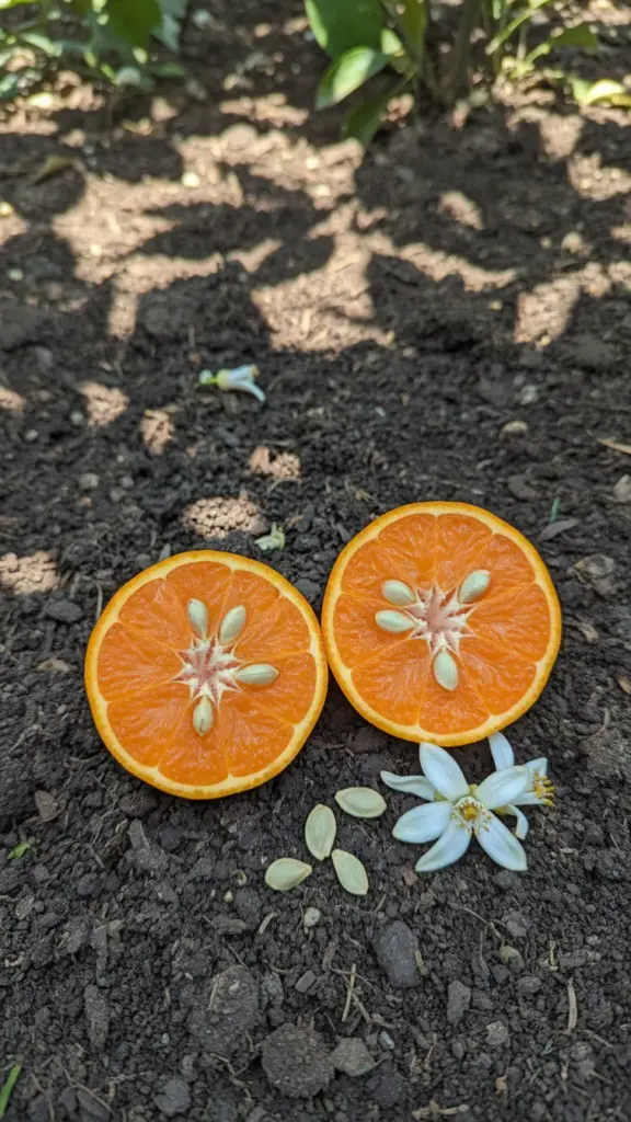 Tangerine cut in half on damp soil showing pale seeds beside fallen citrus blossoms