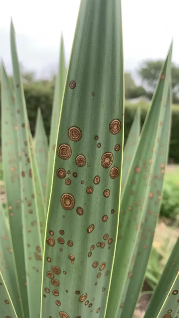 Yucca leaf with concentric ringed brown spots