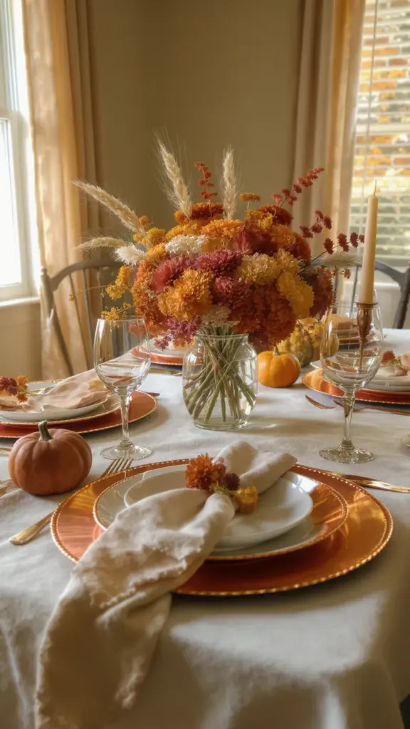 Amber and rust flowers echoing copper plates and a cream tablecloth