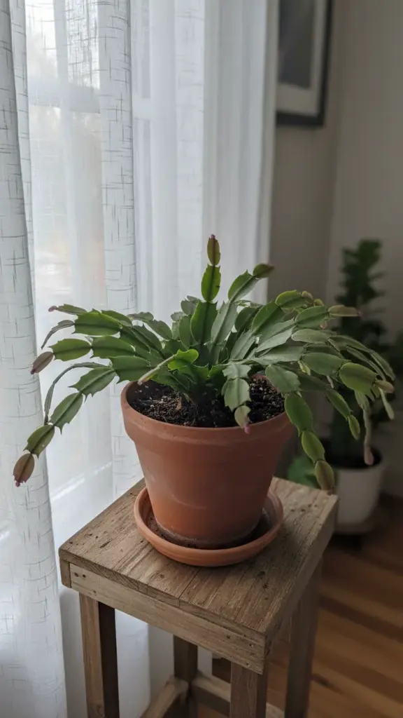 Holiday cactus near an east window with sheer curtain for bright indirect light