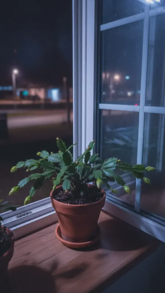 Holiday cactus with forming buds on a cool night windowsill