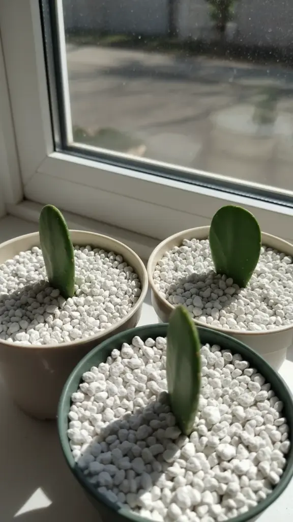 Cactus cuttings rooting in small pots of perlite