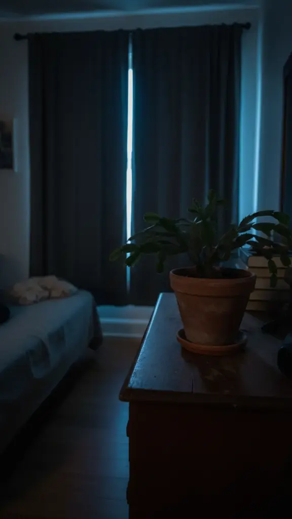 Holiday cactus in a dark spare bedroom receiving 13-hour nights