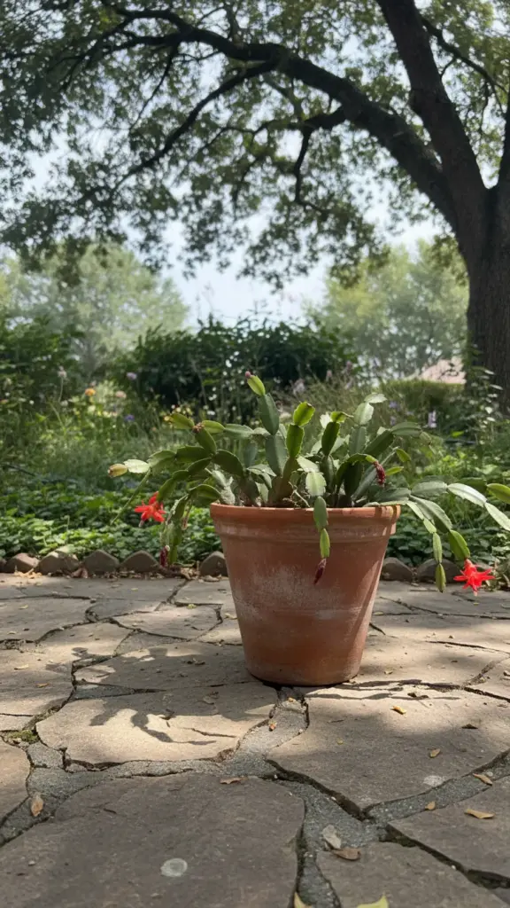Holiday cactus summering in shade on a patio under a tree
