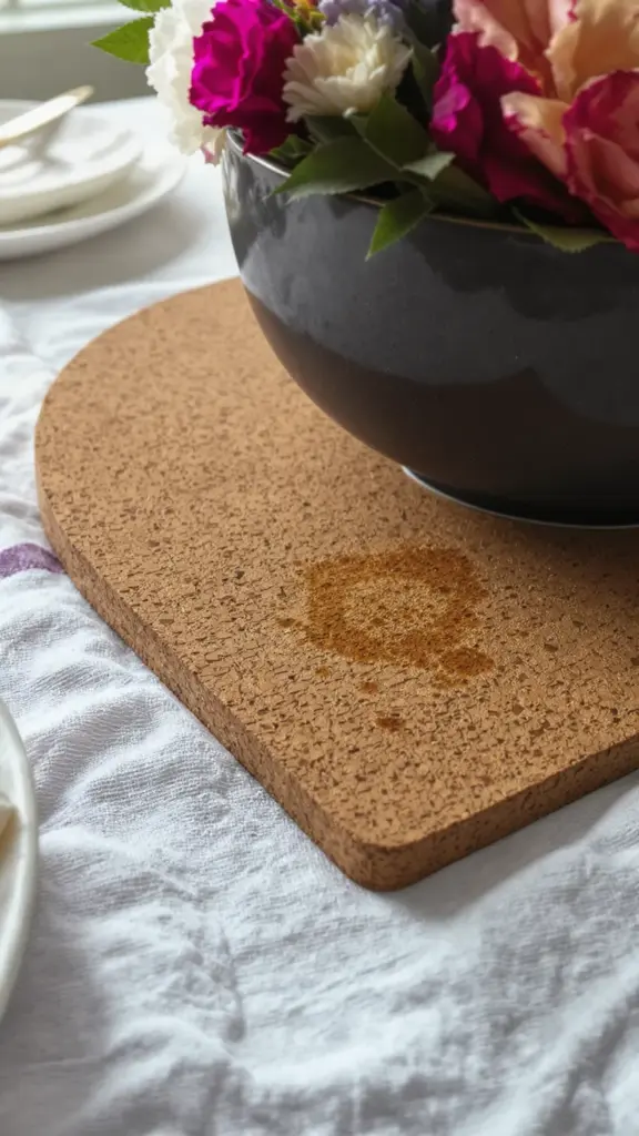 A floral centerpiece sitting on a cork mat protecting a linen tablecloth
