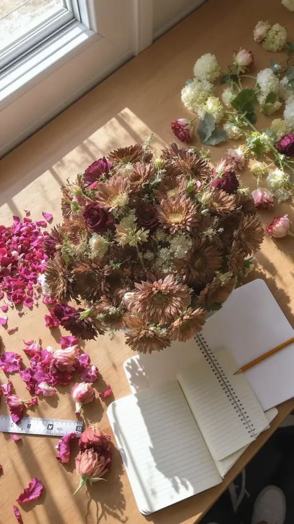 A finished centerpiece photographed from above with a handwritten stem-count note