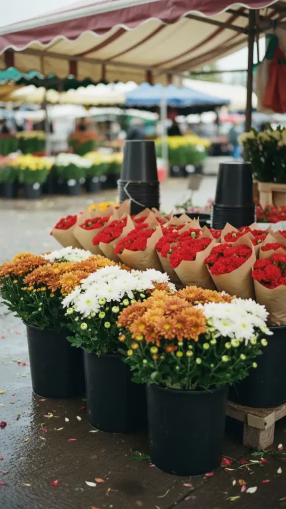 Hands selecting chrysanthemums and carnations at a flower market stall