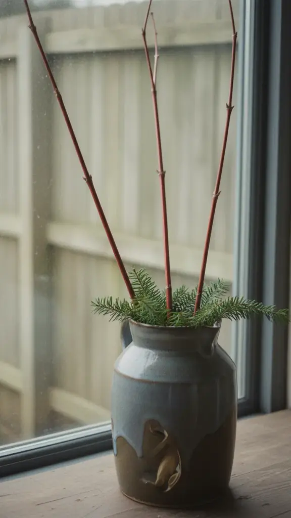 Three red dogwood stems of different heights in a heavy jug of water