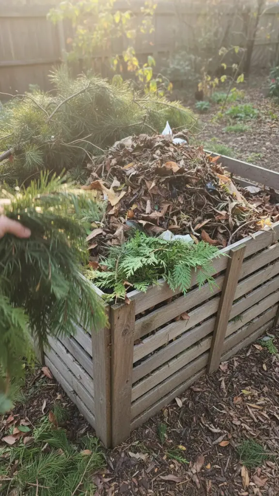 Pine and cedar greens being stripped into a compost bin on a Friday morning