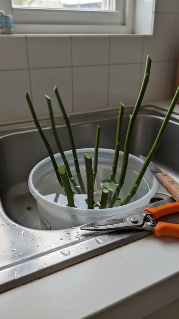 Flower stems being recut at an angle under running tap water