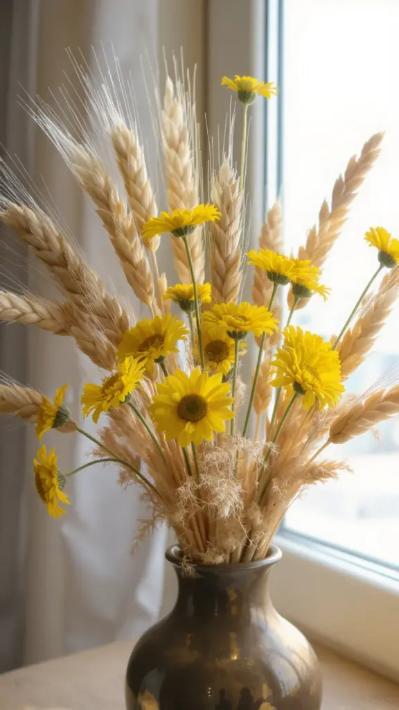 Yellow billy buttons and dried wheat stems rising through a floral arrangement