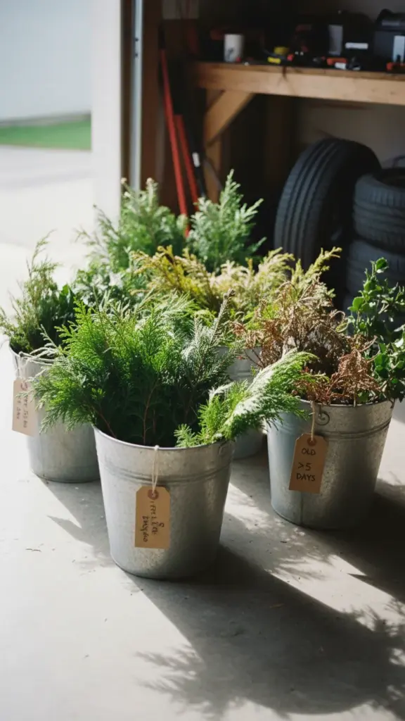 Cut greens sorted by freshness, cedar, spruce, pine, fir, and holly standing in labeled buckets