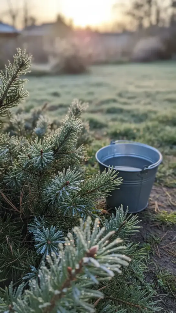 Fresh pine boughs being cut in a dewy garden at dawn, bucket of water beside the shrubs
