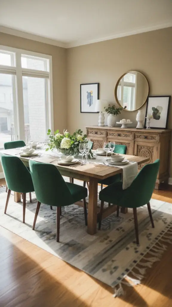 A finished decorated dining room photographed at noon, empty chairs, styled table