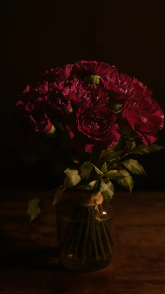 A dense cluster of burgundy carnations packed like one large bloom
