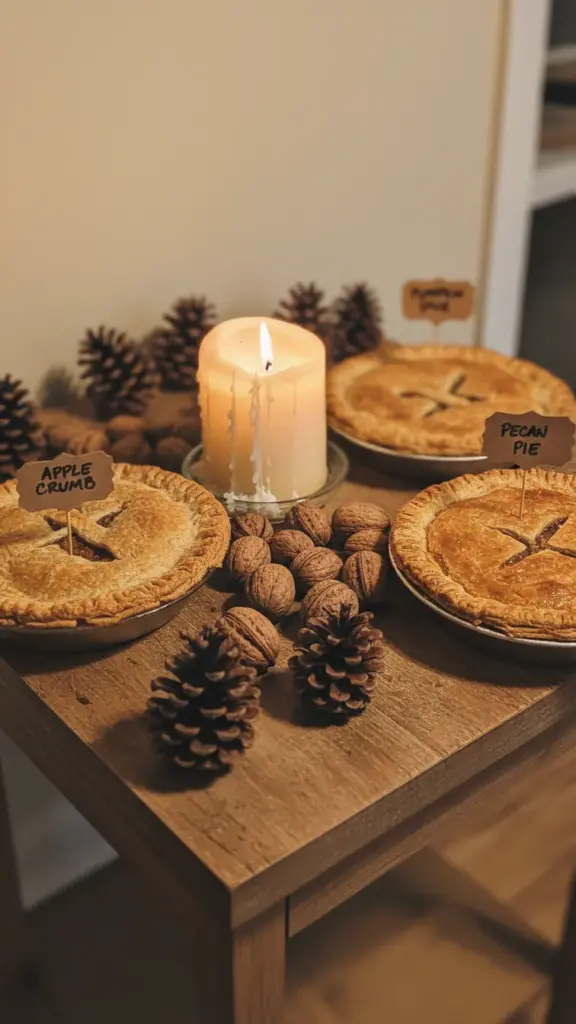 A dessert station side table with pinecones, walnuts in the shell, a candle, and labeled pies