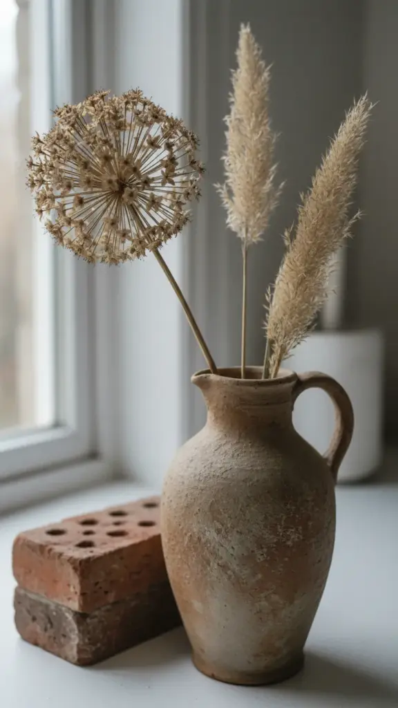 Dry jug with one allium globe and two grass plumes, no water