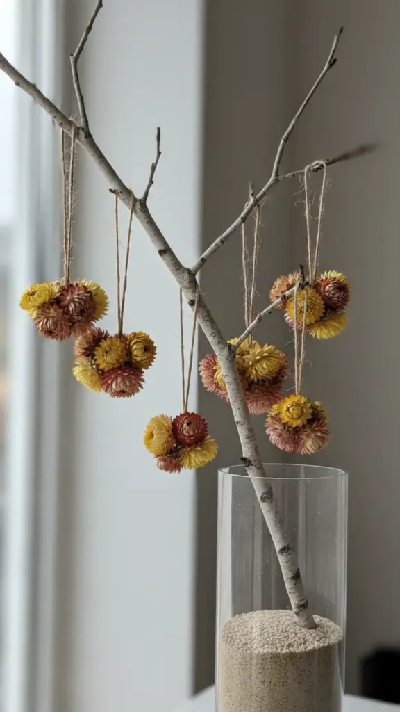Bare birch branch in a vase of sand with dried flower bundles hanging from twine
