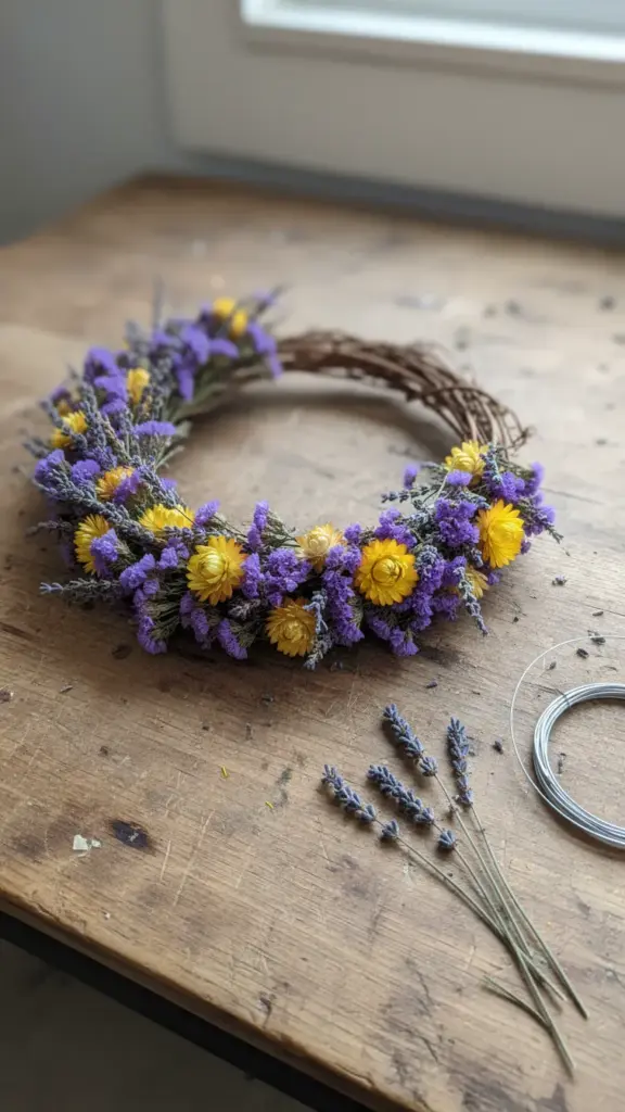 Grapevine wreath frame half-covered with wired bundles of dried statice and lavender
