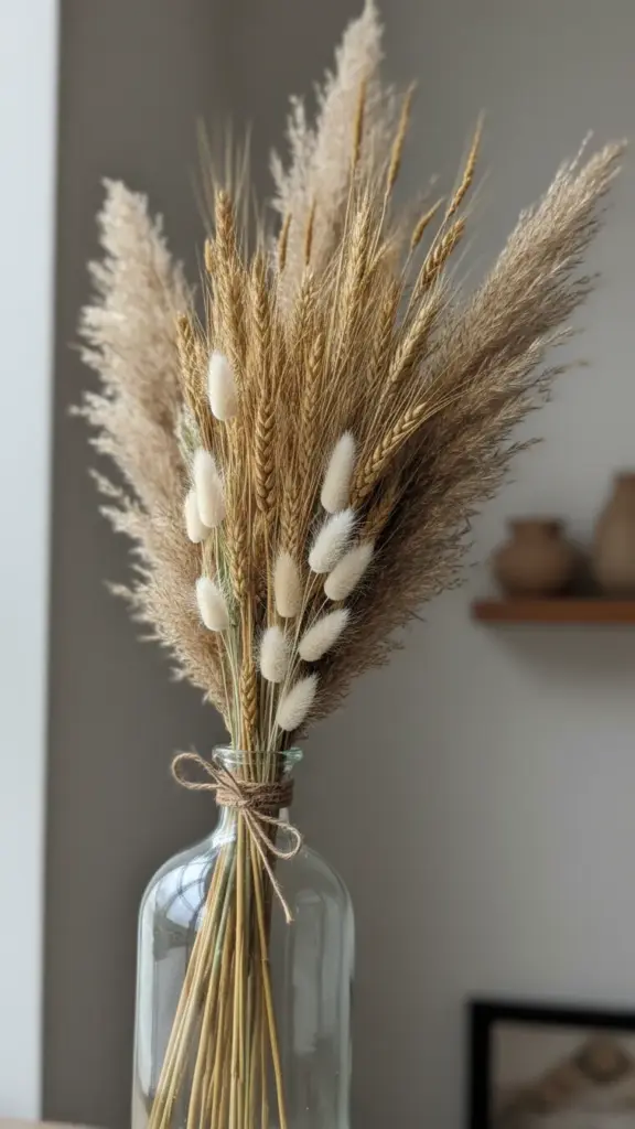 Tall vase with a fanned sheaf of dried pampas grass, wheat, and bunny tail