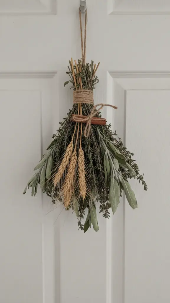 Tied swag of dried sage, thyme, and wheat stalks with a cinnamon stick on a door