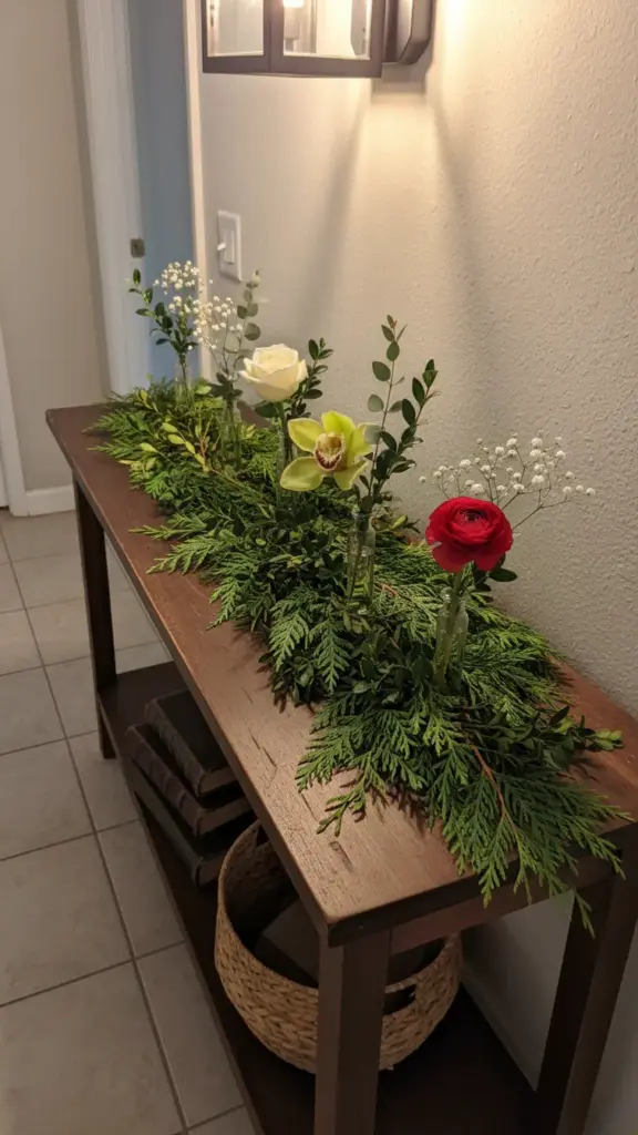 An entryway console table with a low cedar and boxwood runner and small water vials