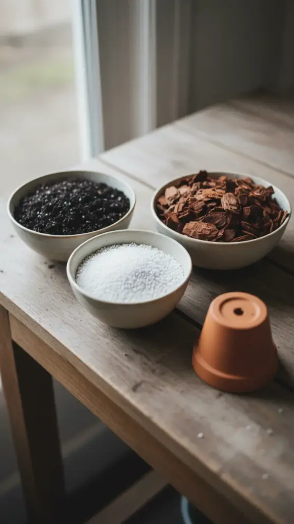 Bowls of potting soil, perlite, and orchid bark for an epiphytic mix