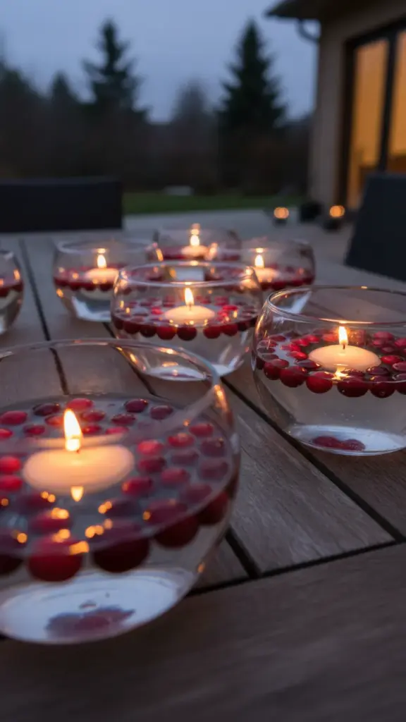 Low glass bowls of water with floating cranberries and lit floating candles at dusk