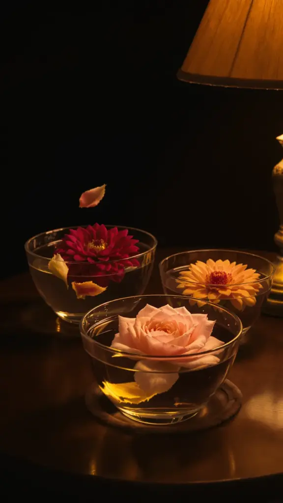 Shallow bowls with single floating dahlias and roses on side tables