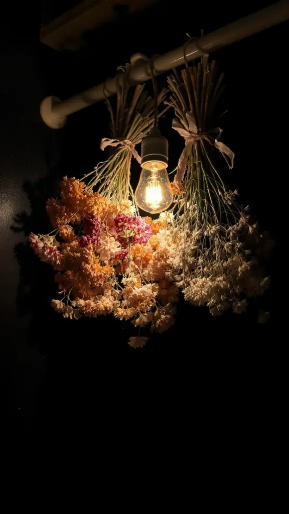 Small bunches of flowers hanging upside down to dry in a dark closet