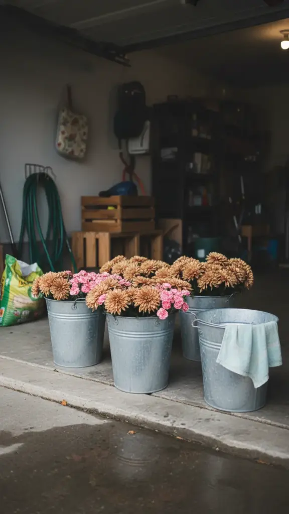 Buckets of fresh mums and carnations stored in cool garage water overnight
