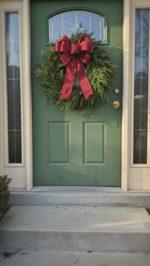 A front door with a simple pine and cedar swag, a bow, and swept steps