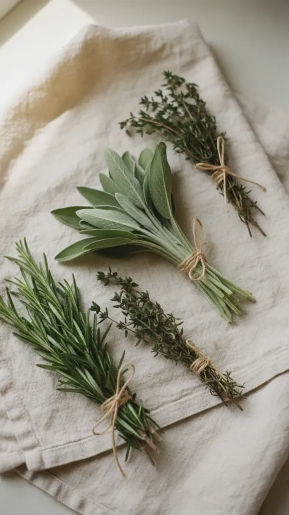 Rosemary, sage, and thyme bundles tied with twine laid across linen napkins