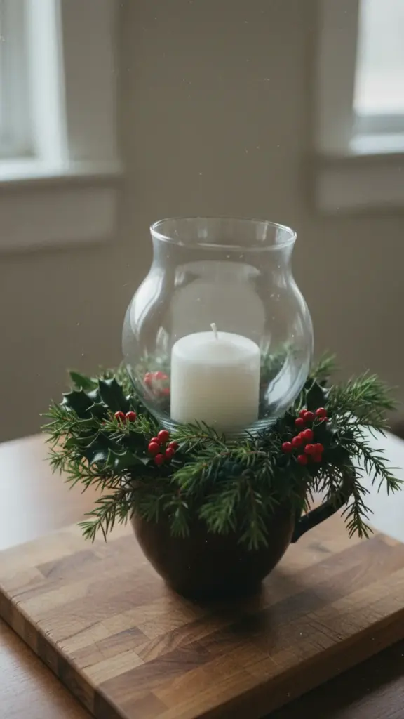 Clear hurricane glass standing in evergreen with an unlit pillar candle inside