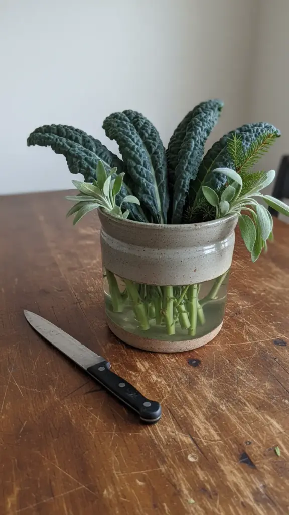 Heavy crock of whole kale leaves and sage sprigs standing in water