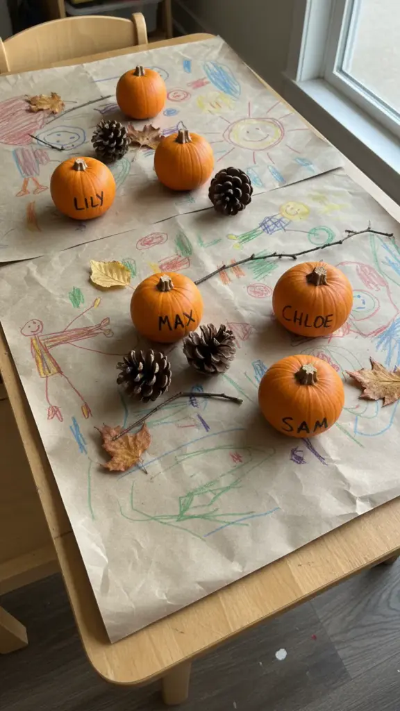 A kids table covered in kraft paper with crayon drawings, pinecones, and name pumpkins