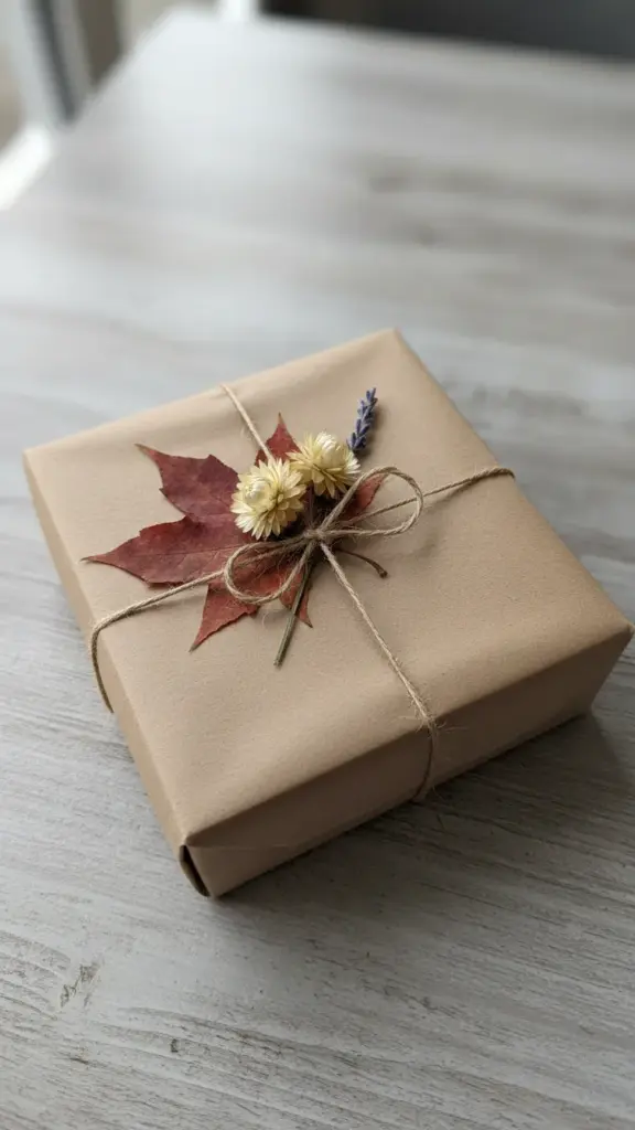 Kraft-wrapped gift with pressed leaf and dried strawflowers tied under twine