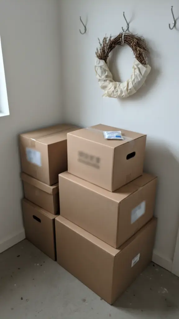 Labeled storage boxes and a tissue-wrapped dried wreath hanging on hooks