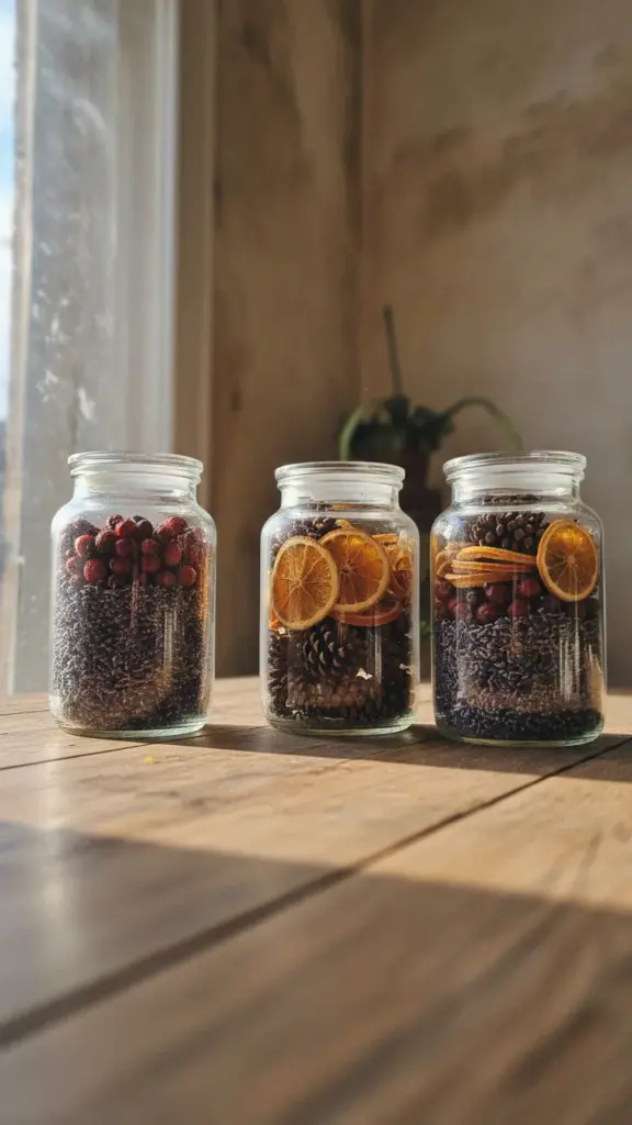 Glass apothecary jars layered with lavender buds, rose hips, pinecones, and orange slices