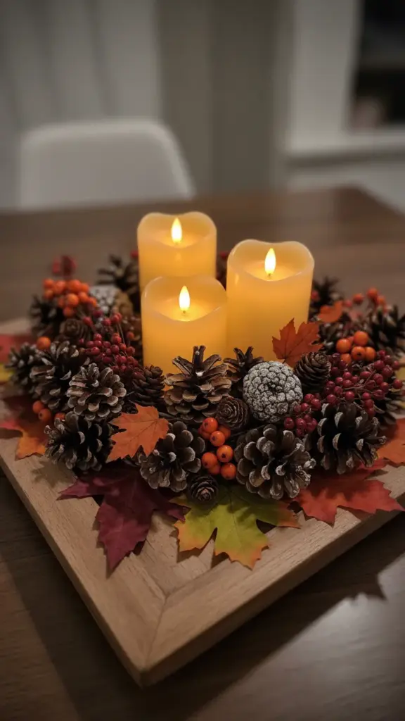 LED pillar candles on a wooden tray ringed with pinecones and dried berries