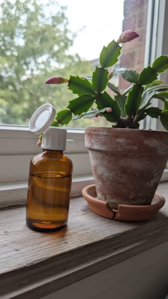 Liquid houseplant fertilizer beside a holiday cactus for monthly spring feeding